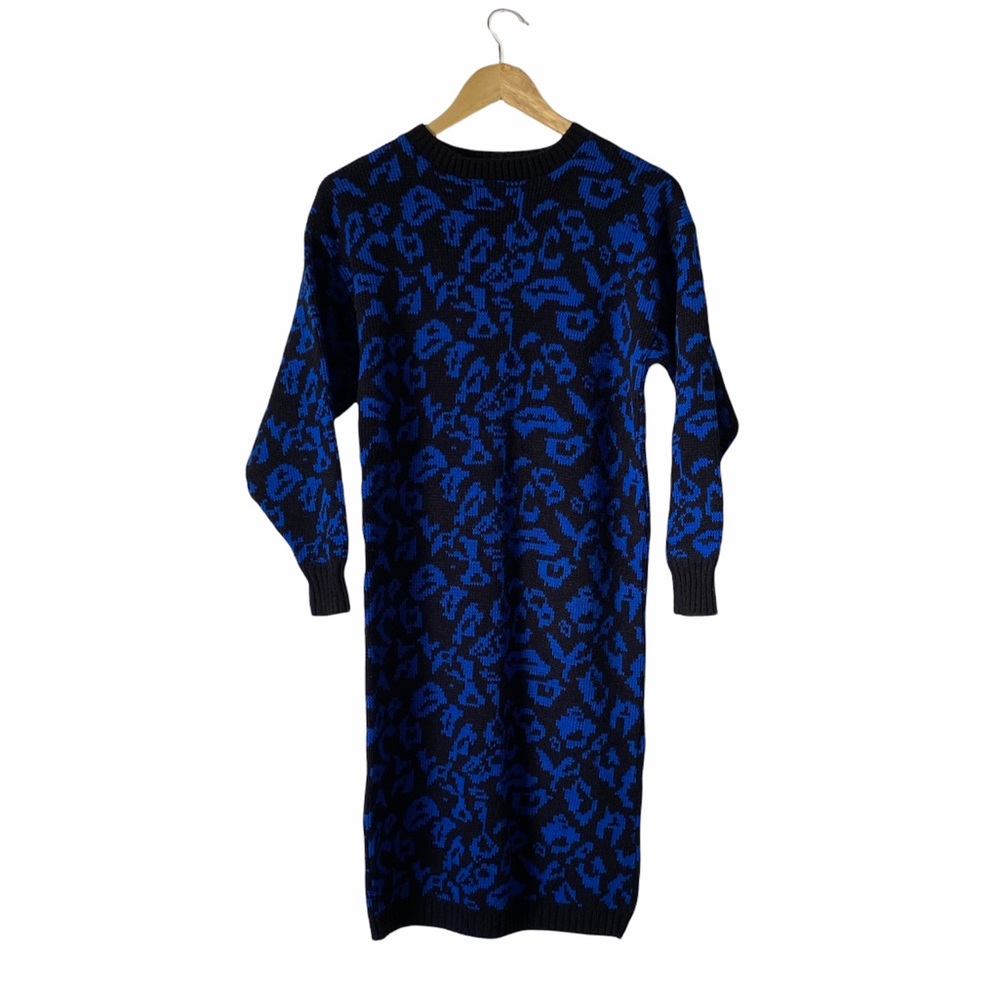 Vintage Blue Floral Black Sweater Dress Knit Chunky Grandma